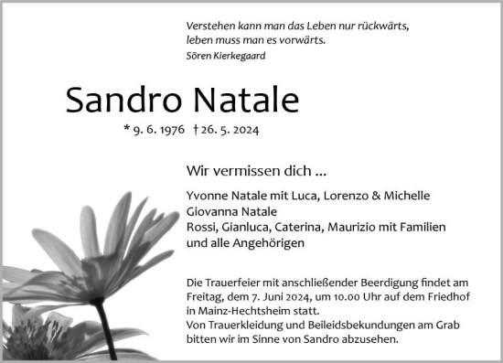 Traueranzeige von Sandro Natale von Allgemeine Zeitung Mainz