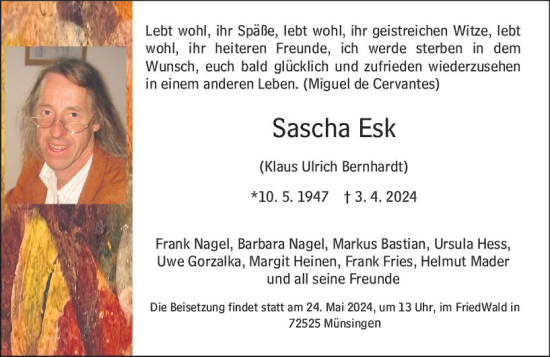 Traueranzeige von Sascha Esk von Allgemeine Zeitung Mainz