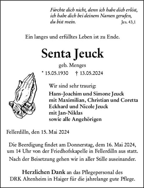 Traueranzeige von Senta Jeuck von Dill Block