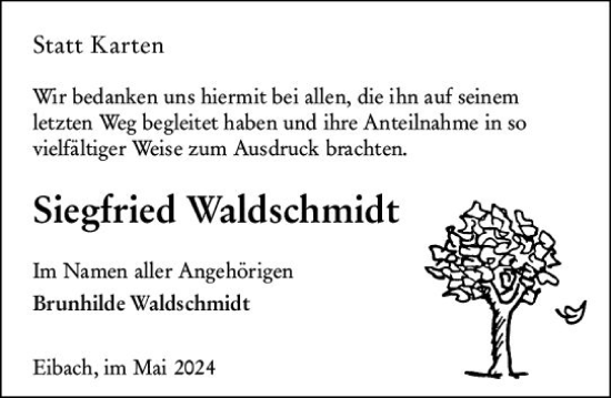 Traueranzeige von Siegfried Waldschmidt von Dill Block