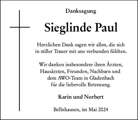 Traueranzeige von Sieglinde Paul von Hinterländer Anzeiger