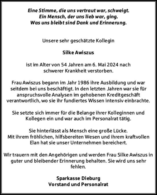Traueranzeige von Silke Awiszus von Darmstädter Echo