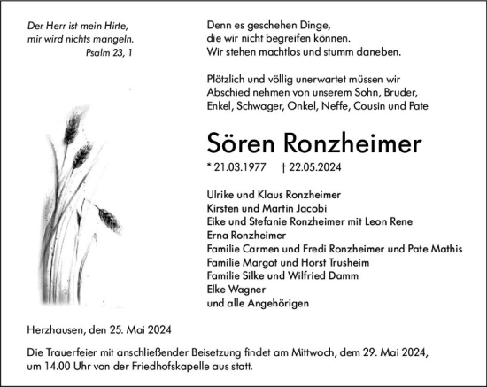 Traueranzeige von Sören Ronzheimer von Hinterländer Anzeiger