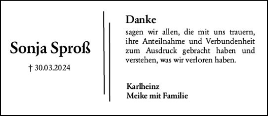 Traueranzeige von Sonja Sproß von Darmstädter Echo