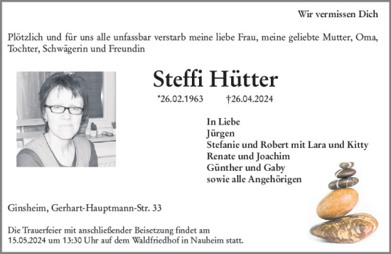 Traueranzeige von Steffi Hütter von Rüsselsheimer Echo