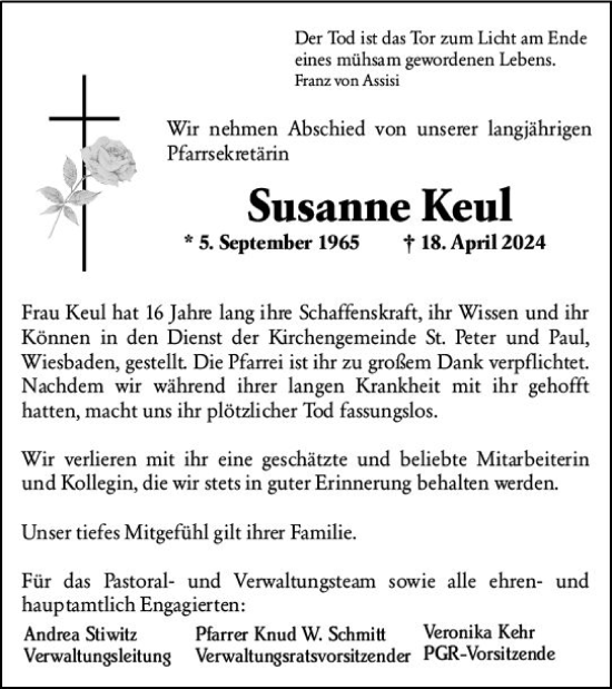 Traueranzeige von Susanne Keul von Wiesbadener Kurier