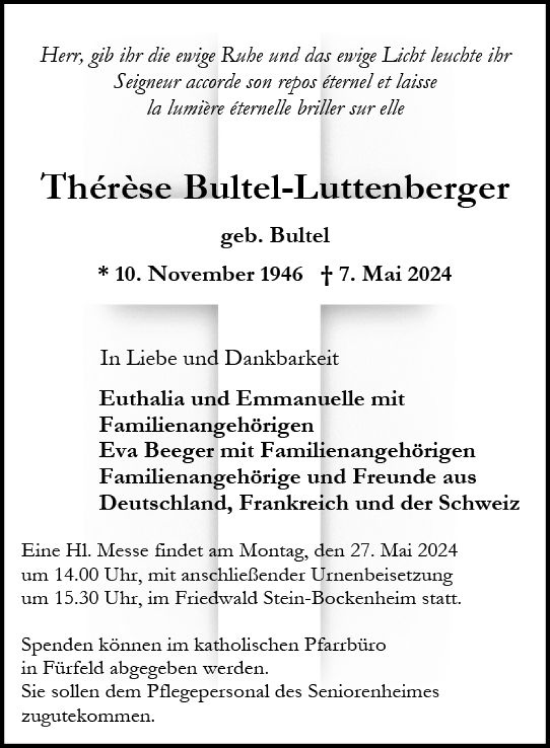 Traueranzeige von Therese Bultel-Luttenberger von Allgemeine Zeitung Mainz