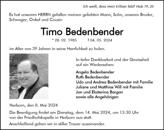 Traueranzeige von Timo Bedenbender von Dill Block