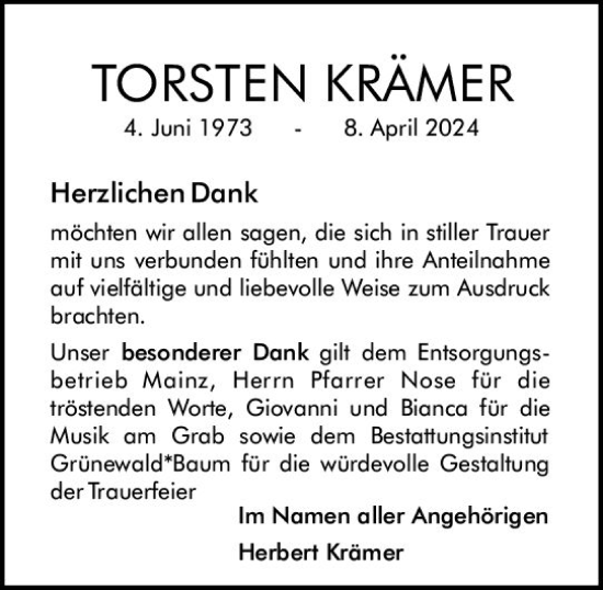 Traueranzeige von Torsten Krämer von Allgemeine Zeitung Mainz