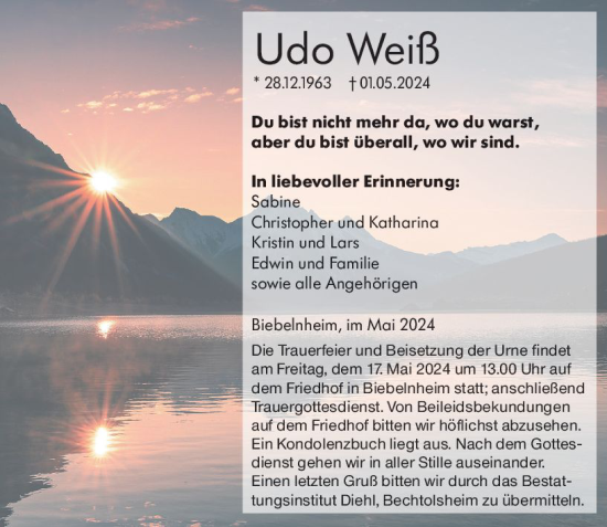 Traueranzeige von Udo Weiß von Allgemeine Zeitung Alzey