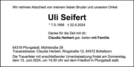 Traueranzeige von Uli Seifert von Darmstädter Echo