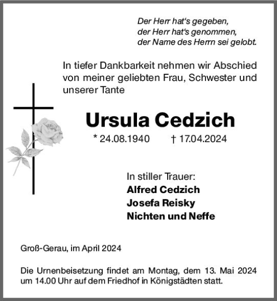 Traueranzeige von Ursula Cedzich von Rüsselsheimer Echo