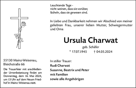 Traueranzeige von Ursula Charwat von Allgemeine Zeitung Mainz