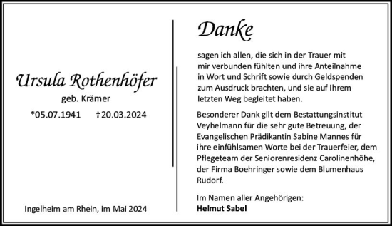 Traueranzeige von Ursula Rothenhöfer von Allgemeine Zeitung Bingen/Ingelheim