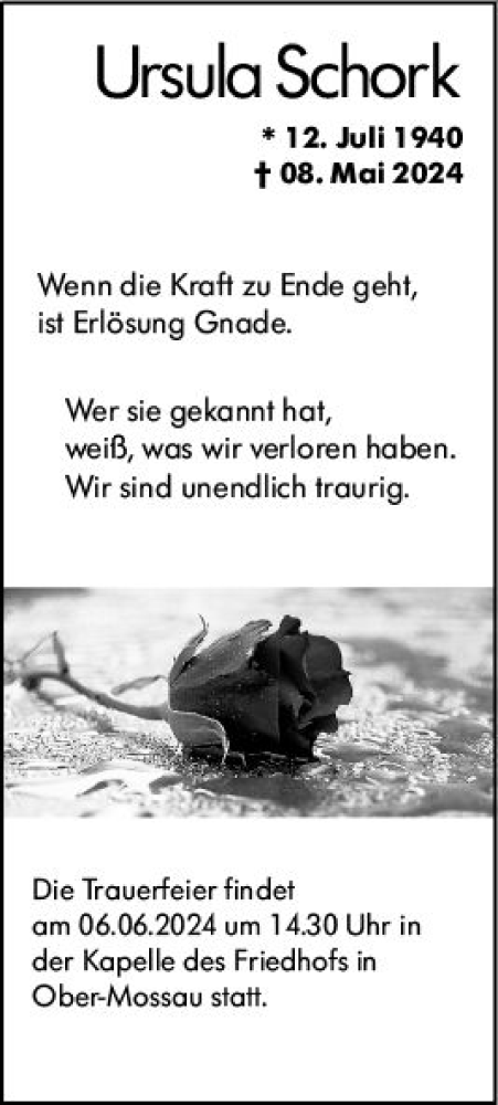 Traueranzeige von Ursula Schork von Odenwälder Echo