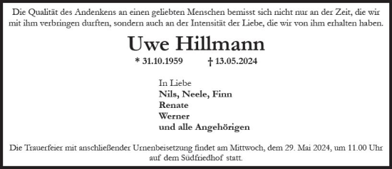 Traueranzeige von Uwe Hillmann von Wiesbadener Kurier