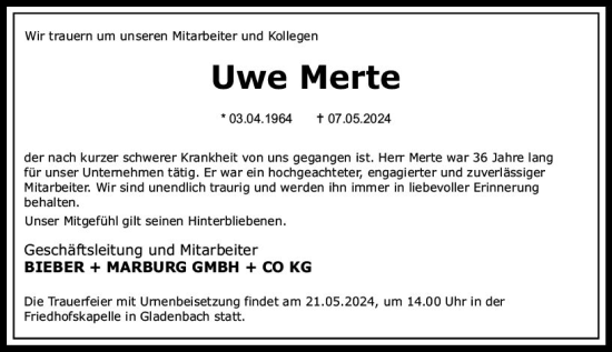 Traueranzeige von Uwe Merte von Hinterländer Anzeiger