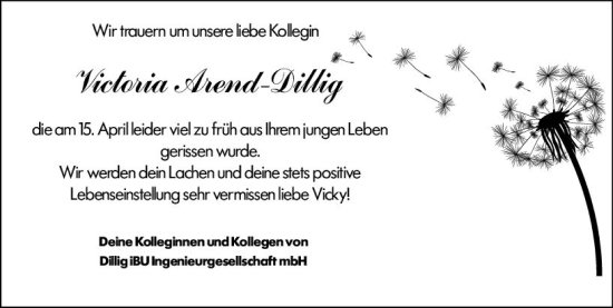 Traueranzeige von Victoria Arend-Dillig von Allgemeine Zeitung Bad Kreuznach