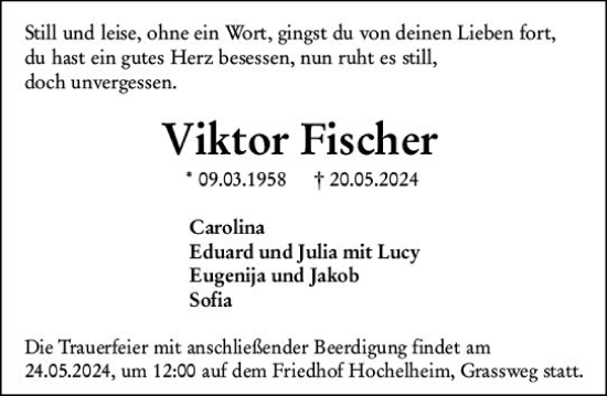 Traueranzeige von Viktor Fischer von Wetzlarer Neue Zeitung