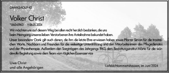 Traueranzeige von Volker Christ von Hinterländer Anzeiger