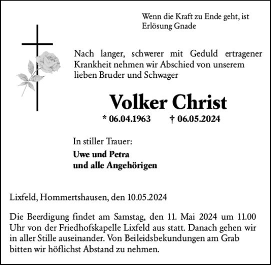 Traueranzeige von Volker Christ von Hinterländer Anzeiger