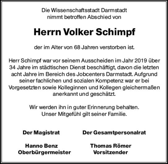 Traueranzeige von Volker Schimpf von Darmstädter Echo