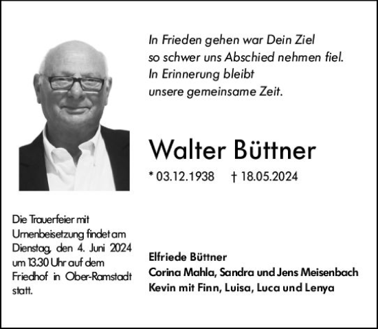 Traueranzeige von Walter Büttner von Darmstädter Echo