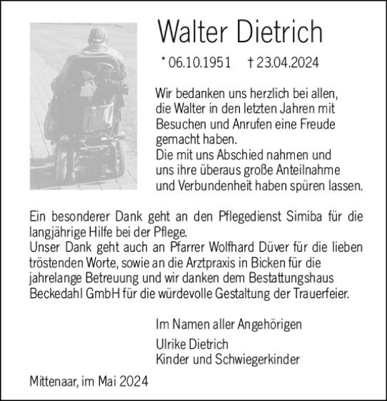 Traueranzeige von Walter Dietrich von Dill Block
