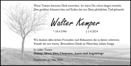 Traueranzeige von Walter Kemper von Darmstädter Echo