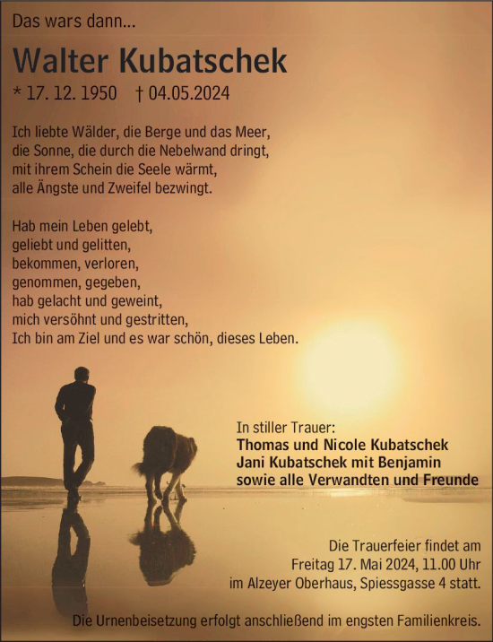 Traueranzeige von Walter Kubatschek von Allgemeine Zeitung Alzey