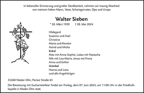 Traueranzeige von Walter Sieben von Allgemeine Zeitung Mainz