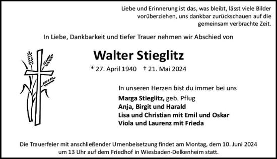 Traueranzeige von Walter Stieglitz von Wiesbadener Kurier