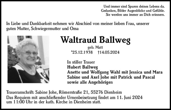 Traueranzeige von Waltraud Ballweg von Allgemeine Zeitung Mainz