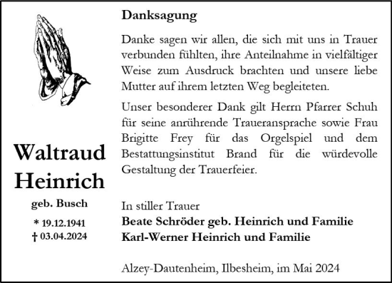 Traueranzeige von Waltraud Heinrich von Allgemeine Zeitung Alzey