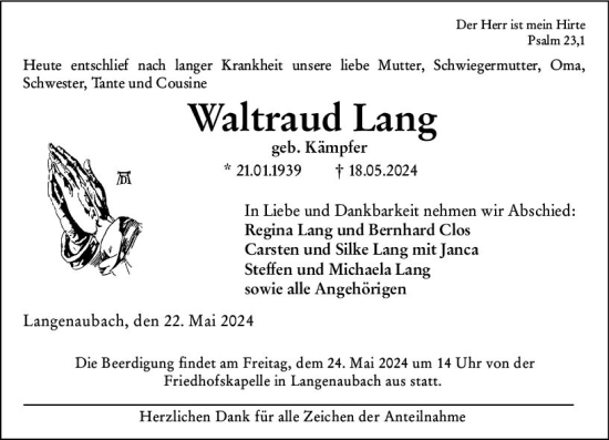 Traueranzeige von Waltraud Lang von Dill Block