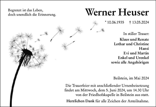 Traueranzeige von Werner Heuser von Dill Block