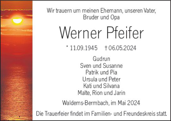 Traueranzeige von Werner Pfeifer von Camberger Anzeiger