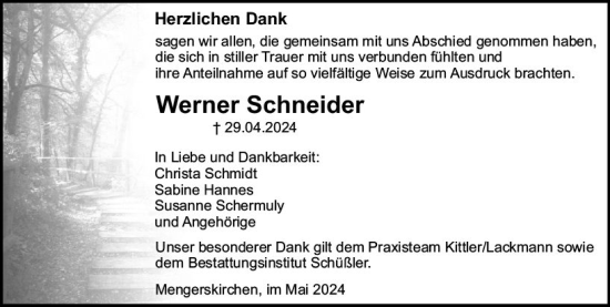 Traueranzeige von Werner Schneider von Nassauische Neue Presse