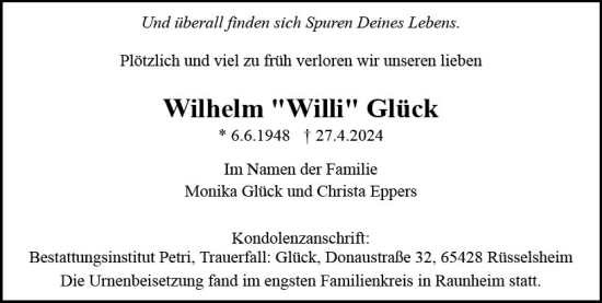 Traueranzeige von Wilhelm  Glück von Rüsselsheimer Echo