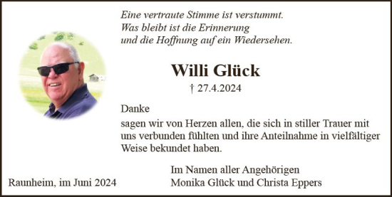 Traueranzeige von Willi Glück von Rüsselsheimer Echo