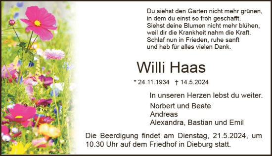 Traueranzeige von Willi Haas von Dieburger Anzeiger/Groß-Zimmerner Lokal-Anzeiger