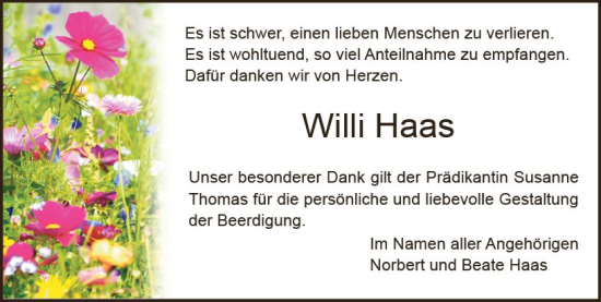 Traueranzeige von Willi Haas von Dieburger Anzeiger/Groß-Zimmerner Lokal-Anzeiger