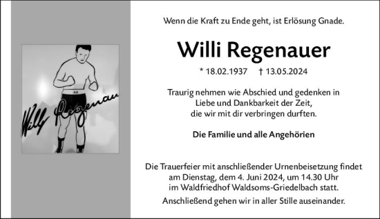 Traueranzeige von Willi Regenauer von Wetzlarer Neue Zeitung