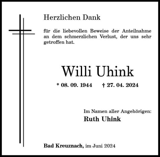 Traueranzeige von Willi Uhink von Allgemeine Zeitung Alzey