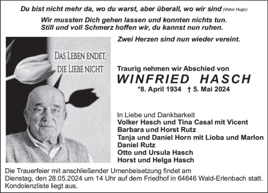 Traueranzeige von Winfried Hasch von Starkenburger Echo