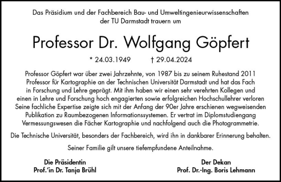 Traueranzeige von Wolfgang Göpfert von Darmstädter Echo