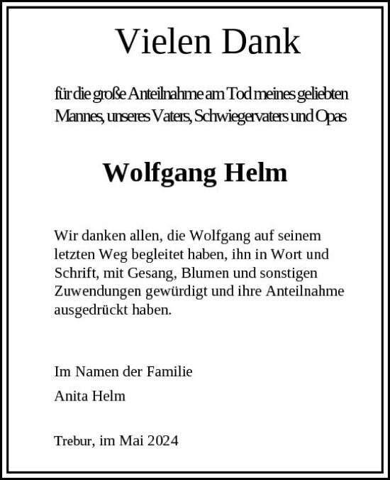 Traueranzeige von Wolfgang Helm von Rüsselsheimer Echo