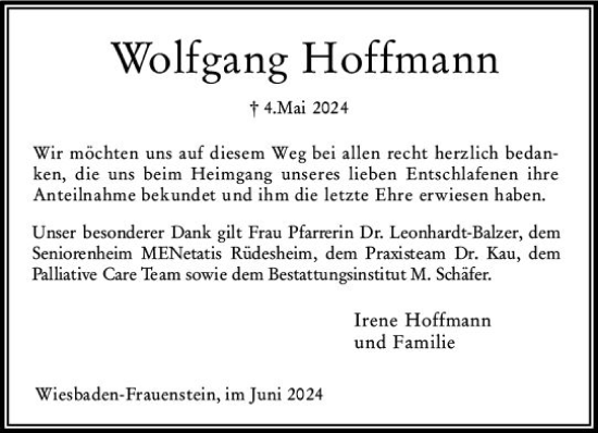 Traueranzeige von Wolfgang Hoffmann von Wiesbadener Kurier