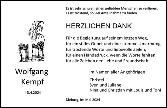 Traueranzeige von Wolfgang Kempf von Dieburger Anzeiger/Groß-Zimmerner Lokal-Anzeiger