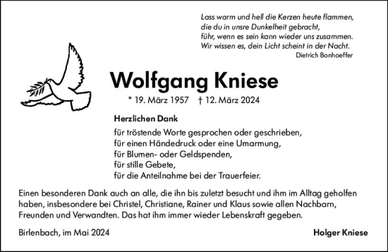 Traueranzeige von Wolfgang Kniese von Hinterländer Anzeiger